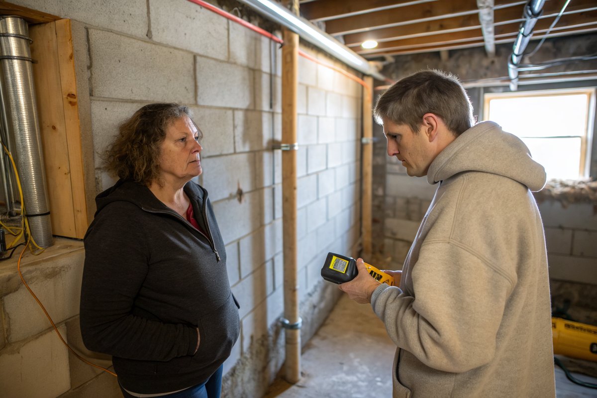 A homeowner and a man holding a moisture meter talking beside a basement block wall