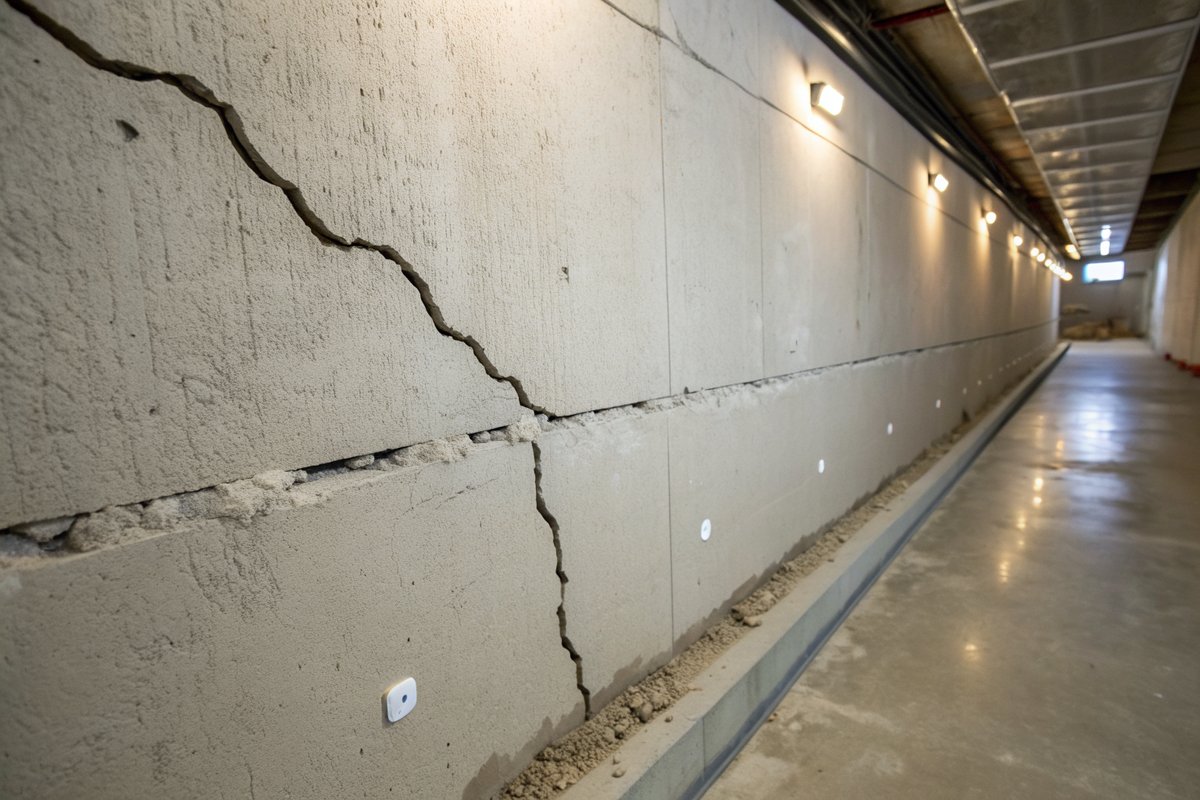 A long crack across a poured basement wall sealed with gray paste and small injection ports