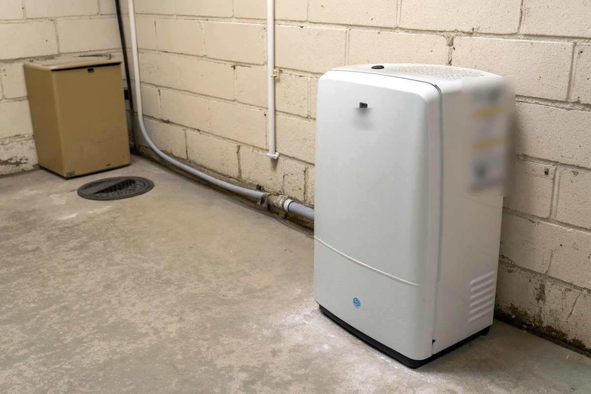 A white dehumidifier against a painted block wall near a floor drain in an older basement