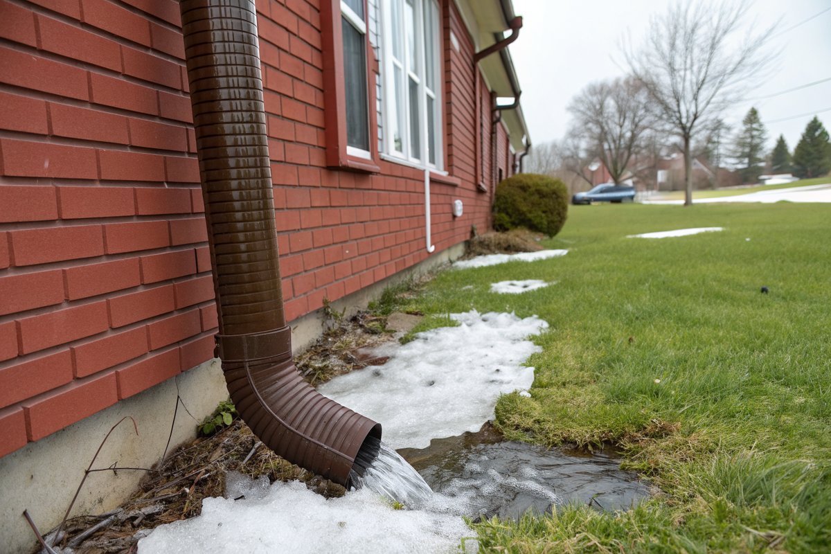 A brown downspout extension sending snowmelt across a lawn away from a red brick house