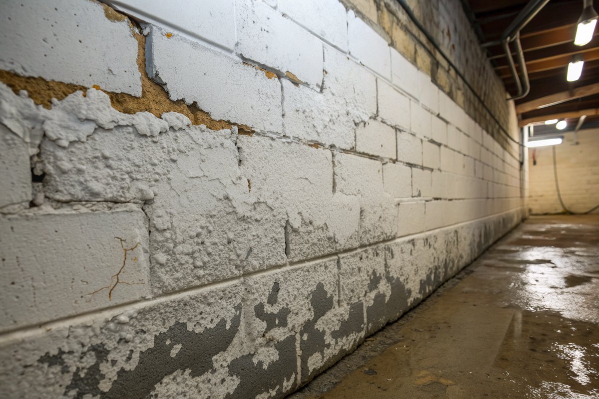 White crusty efflorescence and peeling gray paint on a damp block basement wall