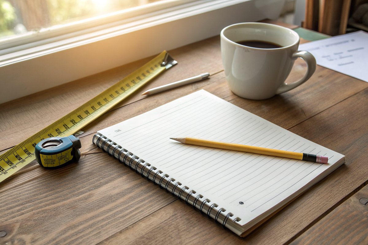 A blank notepad, a pencil and a tape measure on a wooden table beside a coffee cup