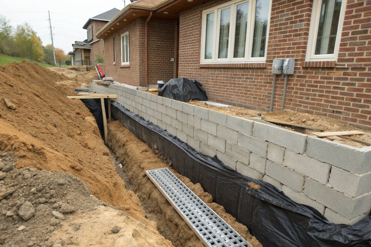 An open trench beside a block foundation coated in black waterproofing, with a drain pipe in stone