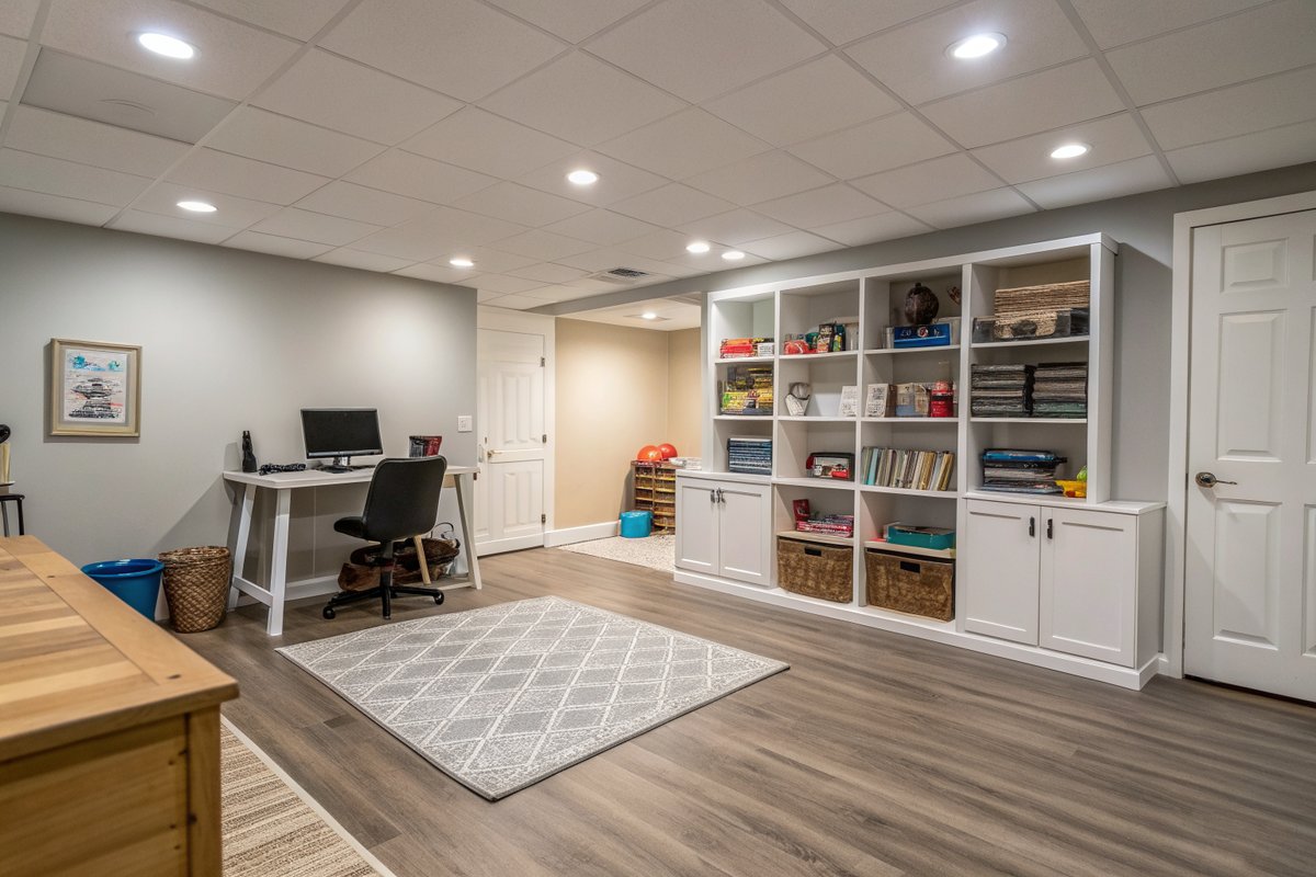 A bright finished basement with a desk, built-in shelves and light vinyl plank flooring