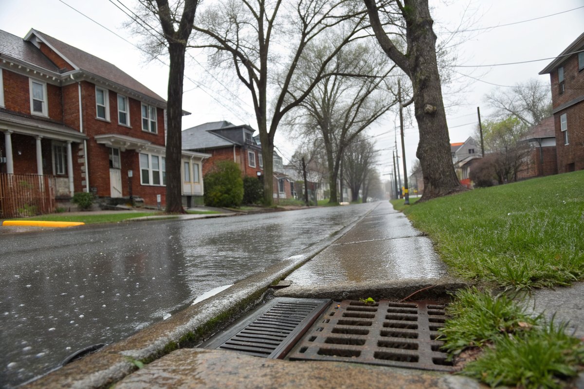 Spring rain running along the curb into a storm grate on a street of older brick houses