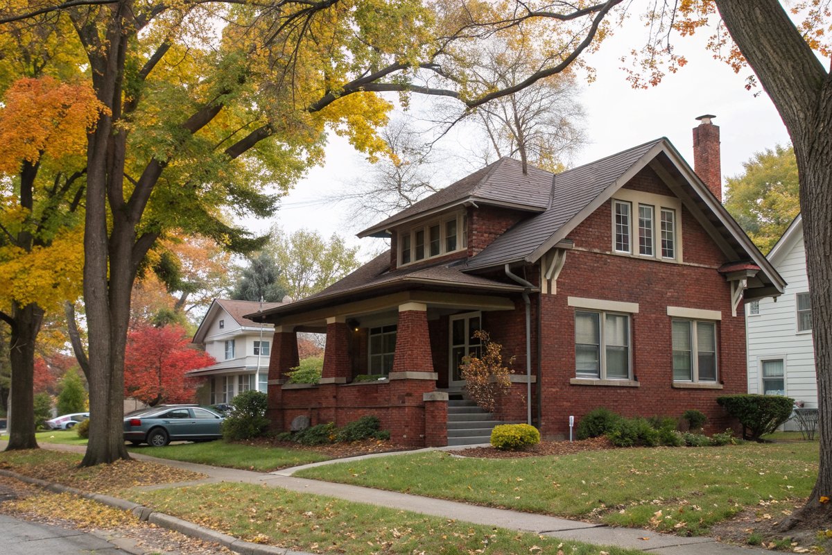 A red brick Craftsman bungalow with a deep front porch and glass-block basement windows under fall maples