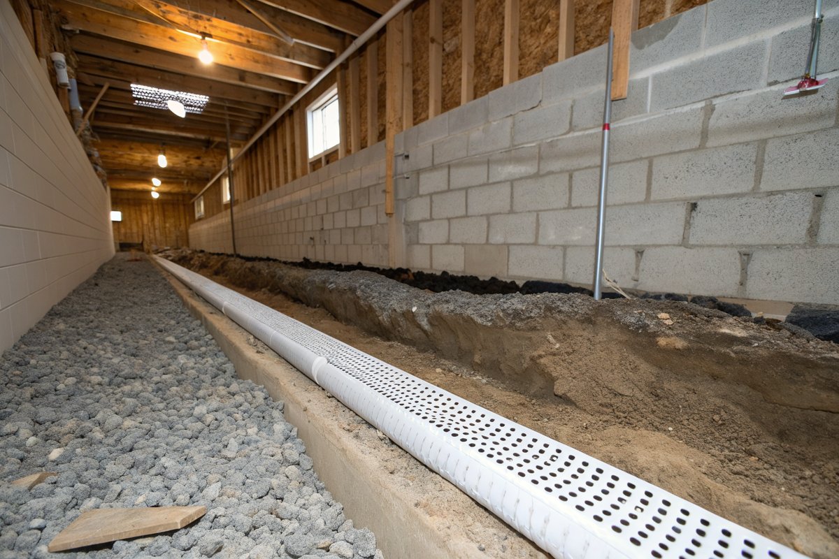 A trench along a basement block wall holding a white perforated drain pipe in pea gravel