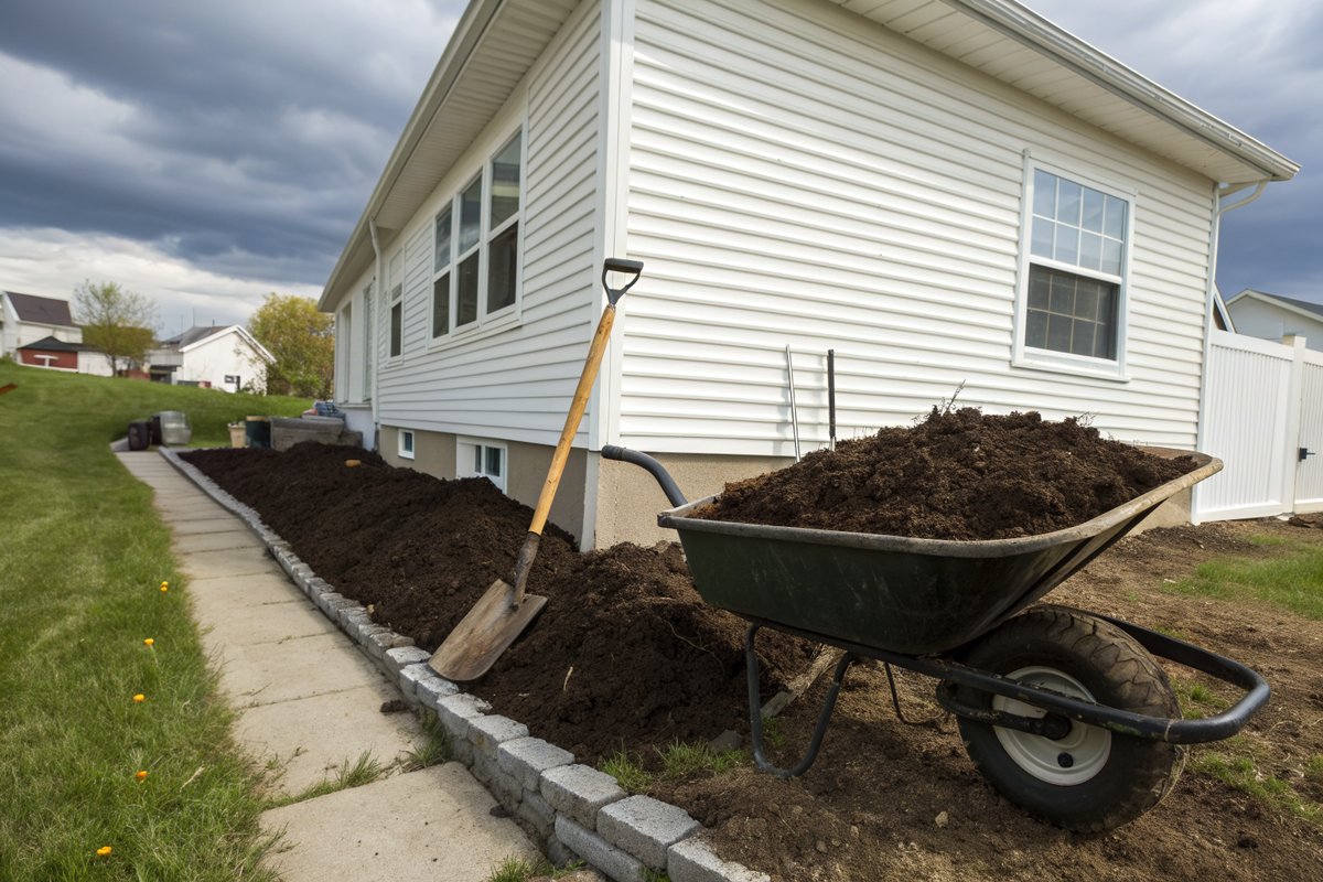A wheelbarrow of topsoil beside freshly sloped soil along the foundation of a white sided house