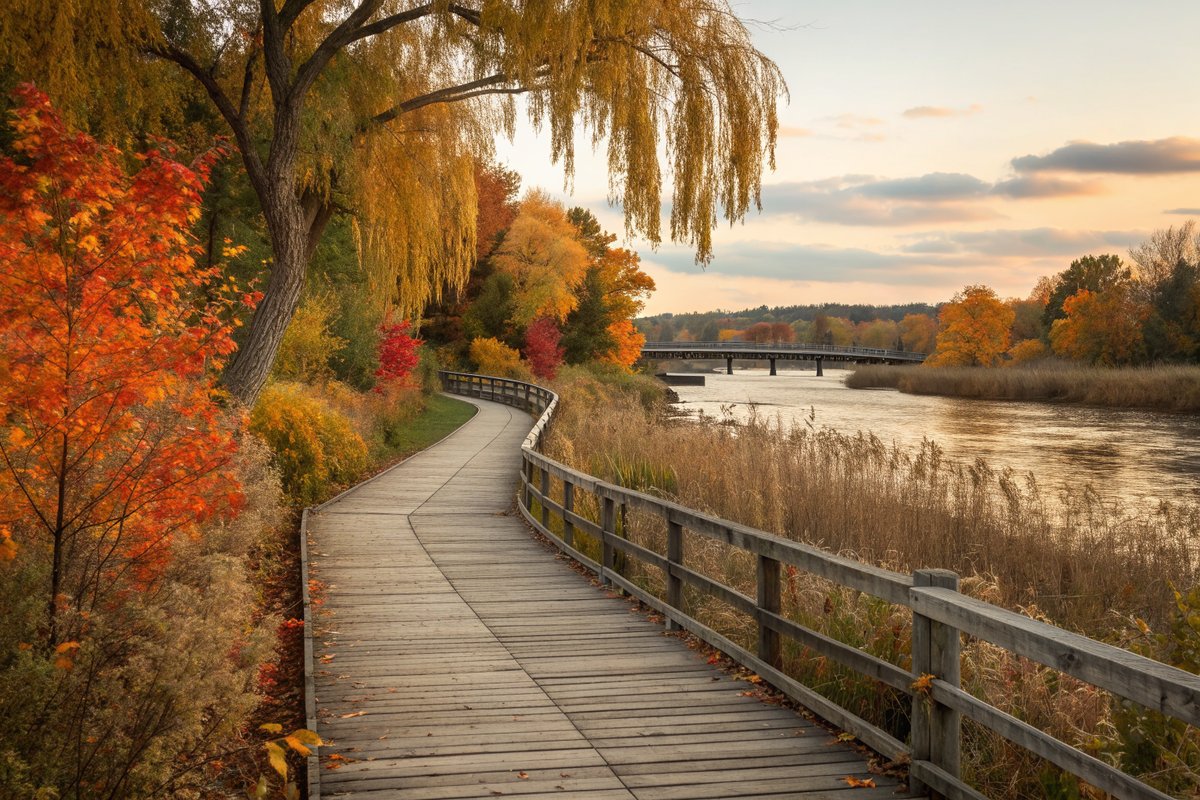 A wooden boardwalk trail beside a slow river with willows and fall color