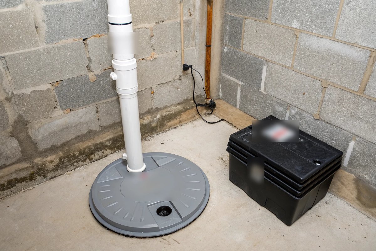 A round gray sump lid with a white discharge pipe and a black battery box in a basement corner