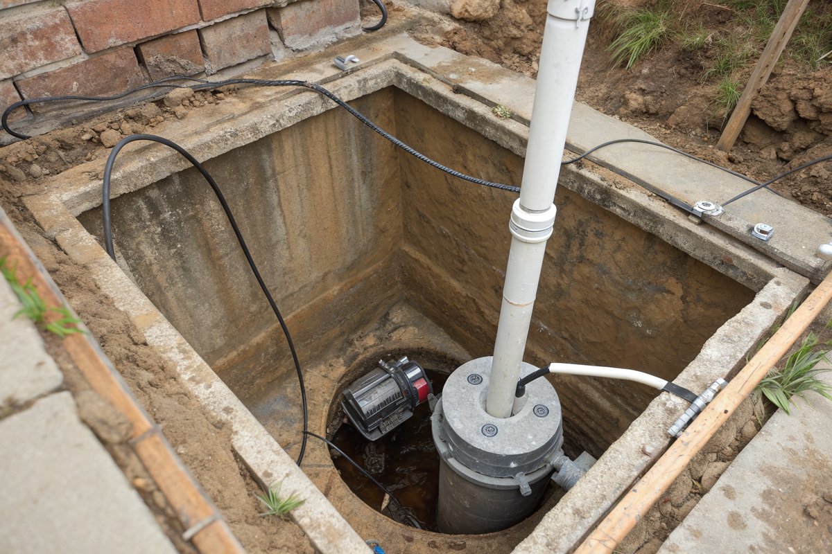 Looking down into a sump pit at a gray submersible pump with a float switch and a white discharge pipe