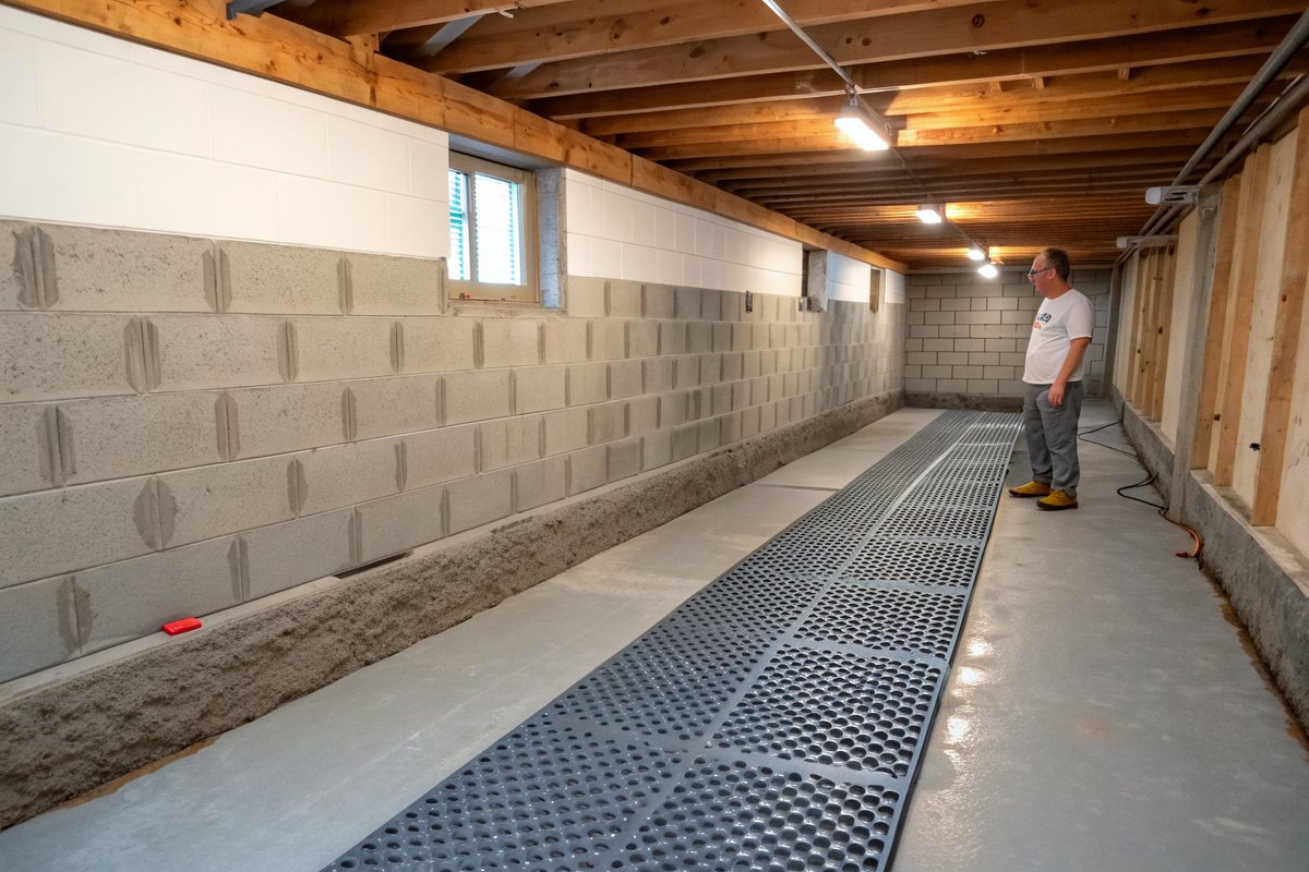 Dimpled drainage membrane fastened along a basement wall, ending in a channel at the floor