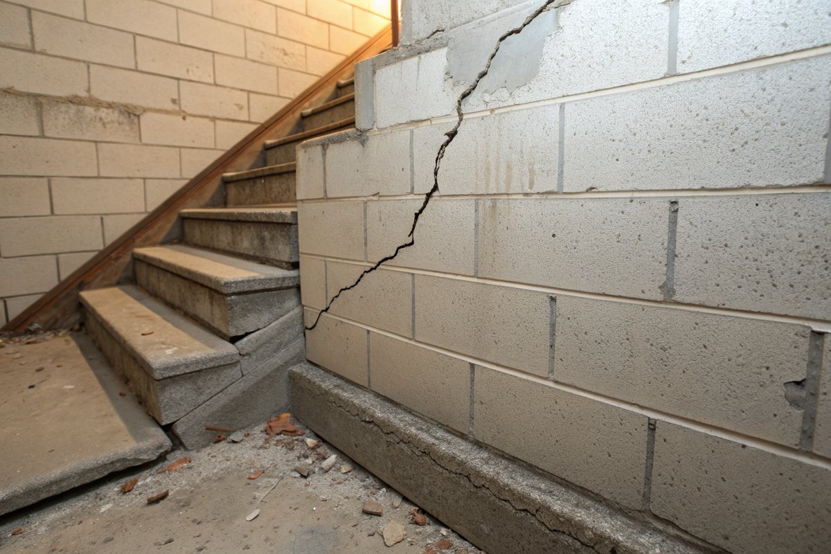 A stair-step crack through the mortar joints of a block basement wall beside the stairs