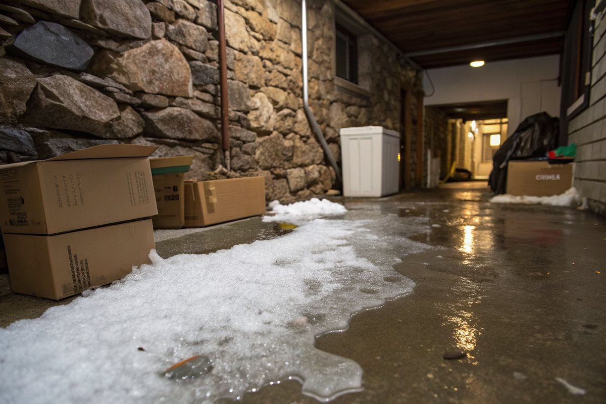 Meltwater spreading across an old basement floor from a stone and block wall, with wet cardboard boxes
