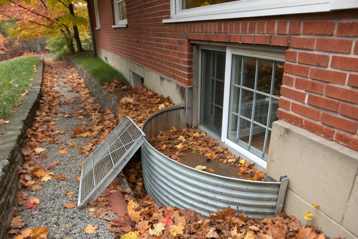 A curved steel window well filled with fallen leaves beside a basement window on a brick house